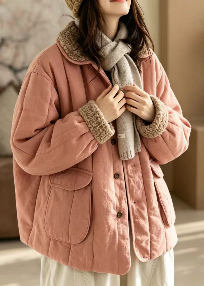 Loose Pink Sherpa Collar Pockets Cotton Filled Jacket Winter
