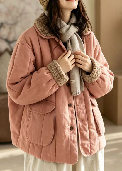 Loose Pink Sherpa Collar Pockets Cotton Filled Jacket Winter