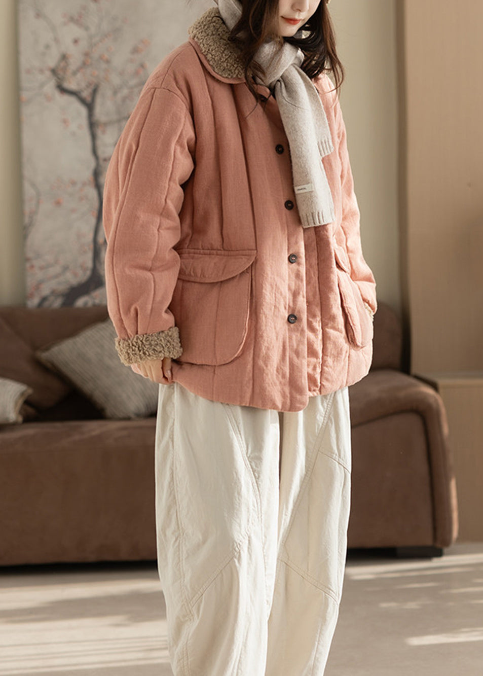 Loose Pink Sherpa Collar Pockets Cotton Filled Jacket Winter