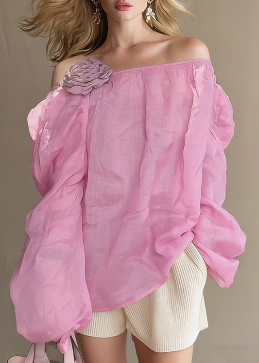 Loose Pink Slash Neck Floral Solid Cotton Blouses Spring