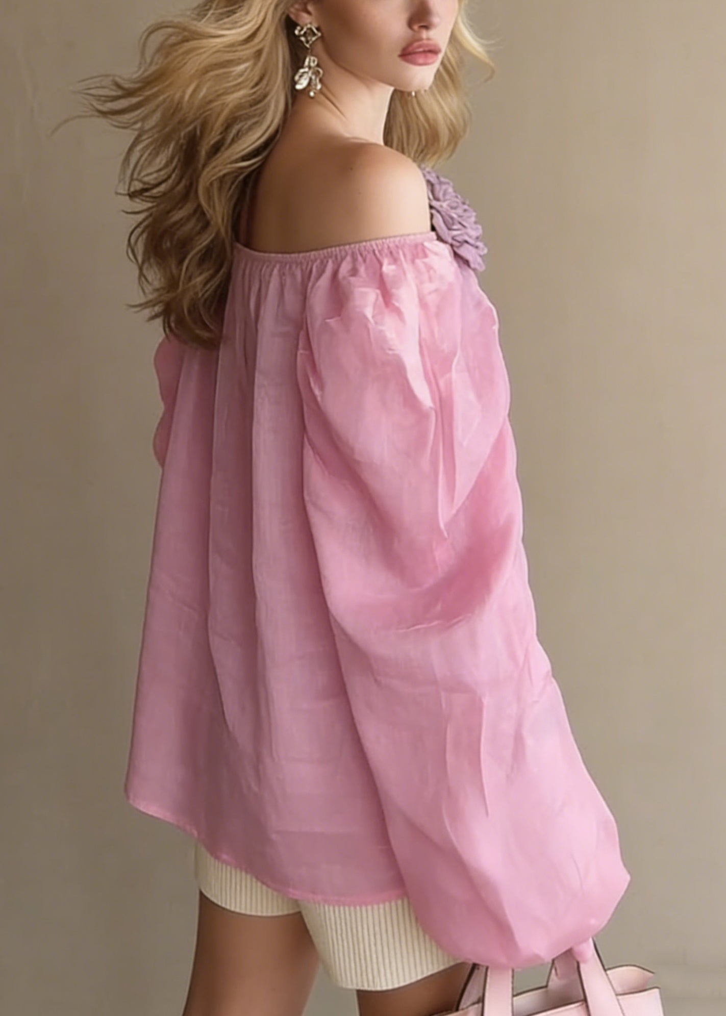 Loose Pink Slash Neck Floral Solid Cotton Blouses Spring