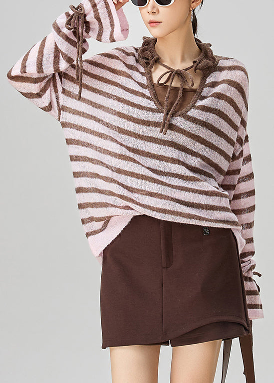 Loose Pink Striped Lace Up Thin Knit Sweater Fall