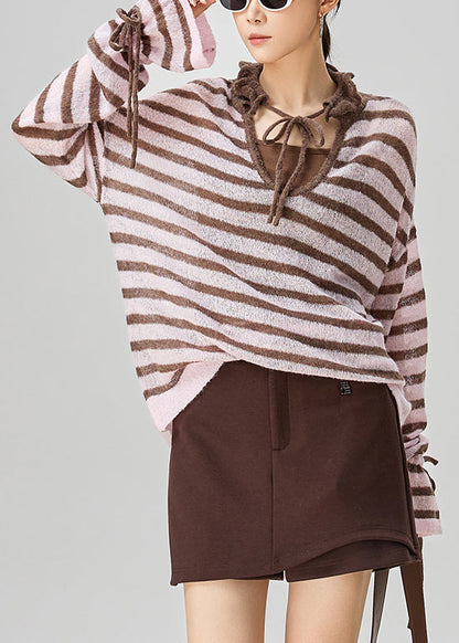 Loose Pink Striped Lace Up Thin Knit Sweater Fall