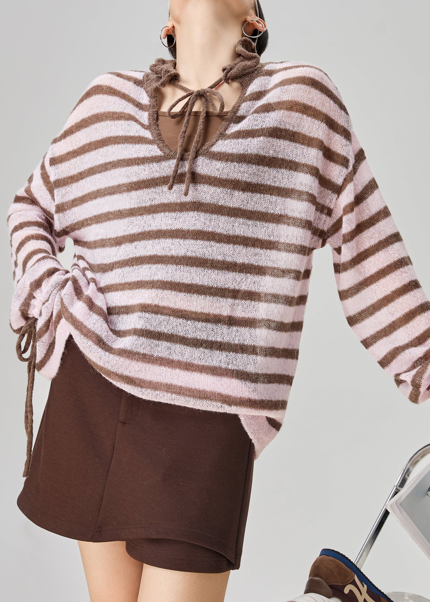 Loose Pink Striped Lace Up Thin Knit Sweater Fall