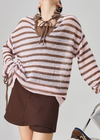 Loose Pink Striped Lace Up Thin Knit Sweater Fall