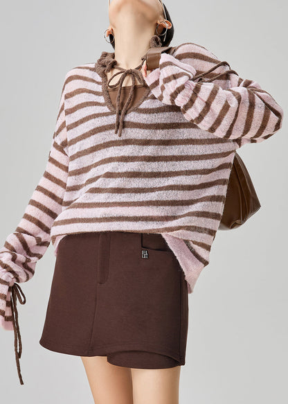 Loose Pink Striped Lace Up Thin Knit Sweater Fall