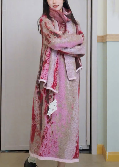 Loose Pink Tie Dye Patchwork Knit Long Sweaters Dress Fall