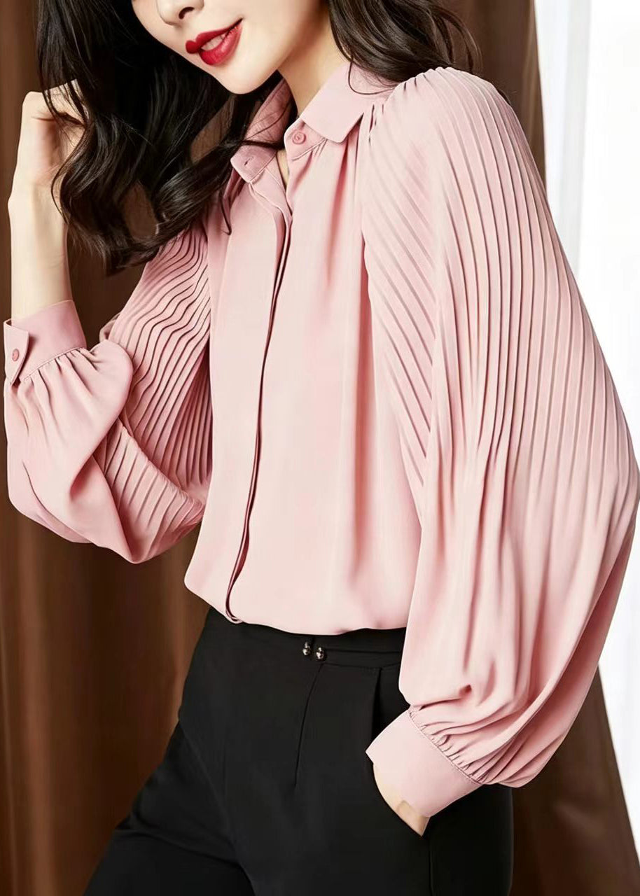 Loose Pink Turn-Down Collar Wrinkled Chiffon Shirt Top Lantern Sleeve