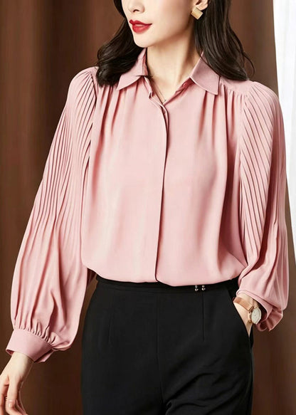 Loose Pink Turn-Down Collar Wrinkled Chiffon Shirt Top Lantern Sleeve