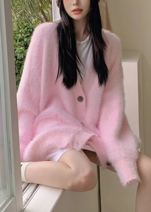 Loose Pink V Neck Button Solid Knit Cardigan Fall