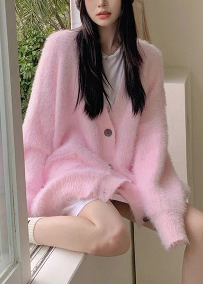 Loose Pink V Neck Button Solid Knit Cardigan Fall