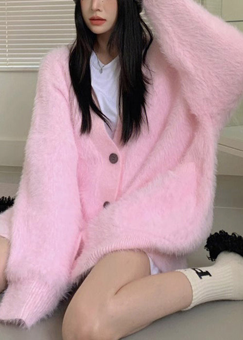 Loose Pink V Neck Button Solid Knit Cardigan Fall