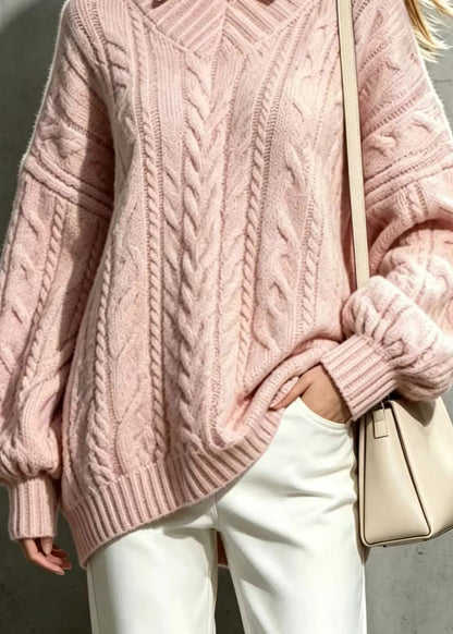 Loose Pink V Neck Cable Knit Sweater Tops Fall