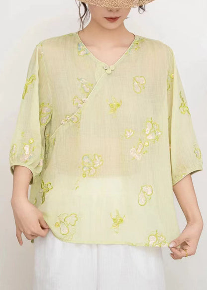 Loose Pink V Neck Embroidered Linen T Shirts Summer
