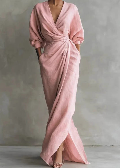 Loose Pink V Neck Patchwork Tunic Maxi Dress Fall