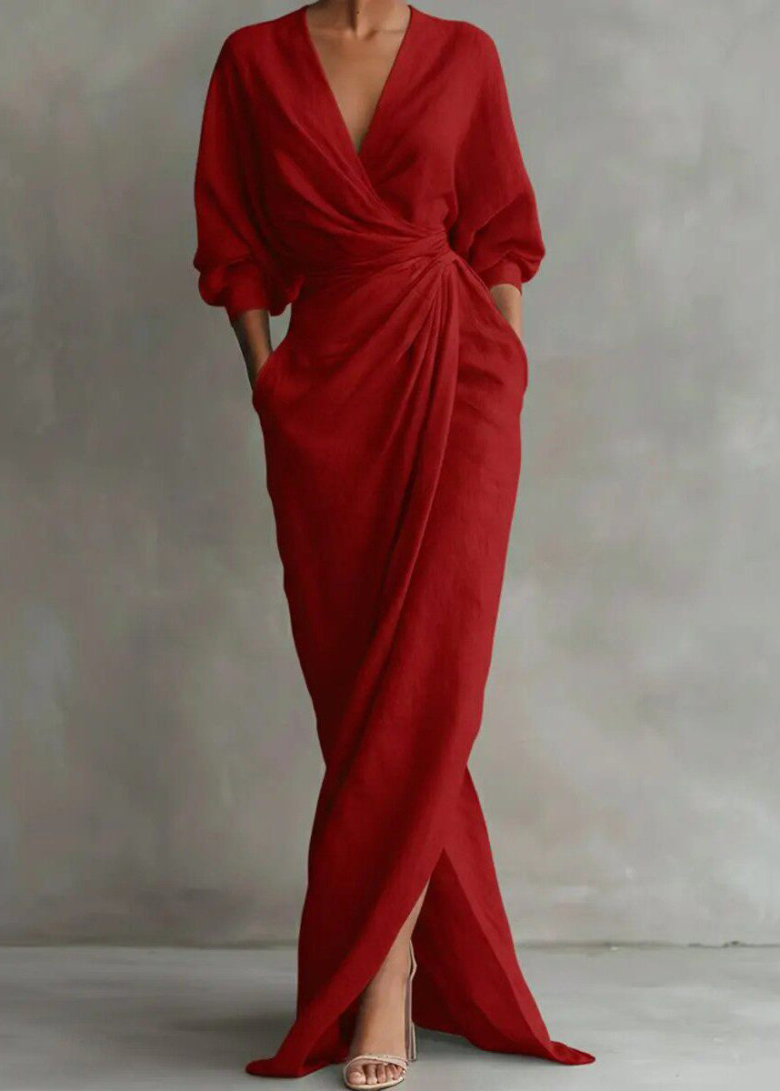 Loose Pink V Neck Patchwork Tunic Maxi Dress Fall