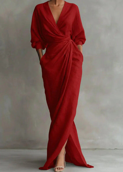 Loose Pink V Neck Patchwork Tunic Maxi Dress Fall