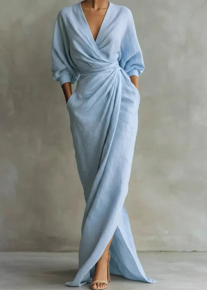 Loose Pink V Neck Patchwork Tunic Maxi Dress Fall