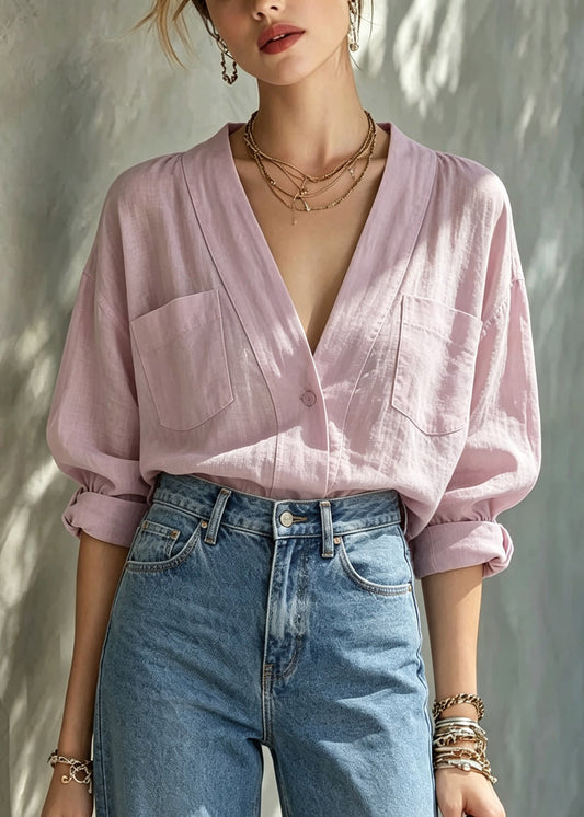 Loose Pink V Neck Pockets Shirt Long Sleeve