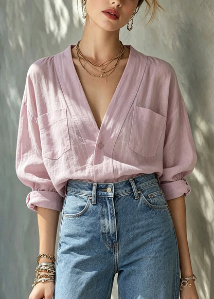 Loose Pink V Neck Pockets Shirt Long Sleeve