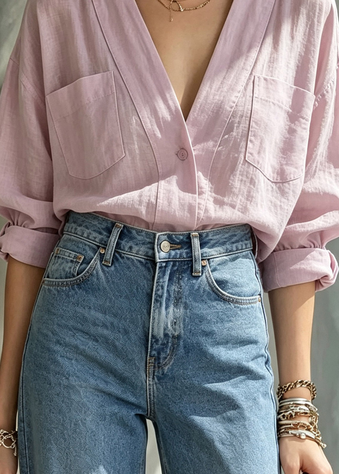 Loose Pink V Neck Pockets Shirt Long Sleeve