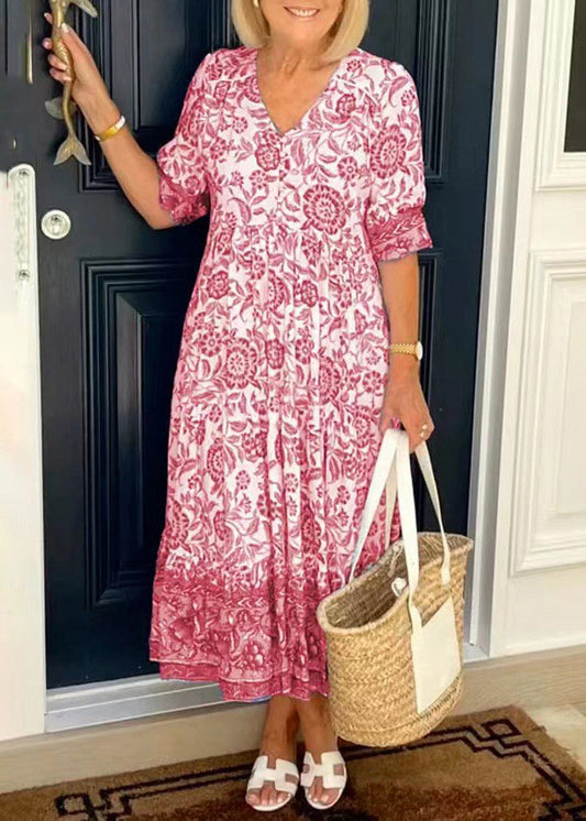Loose Pink V Neck Print Cotton Long Dress Summer