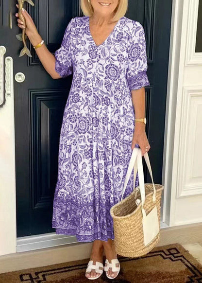 Loose Pink V Neck Print Cotton Long Dress Summer