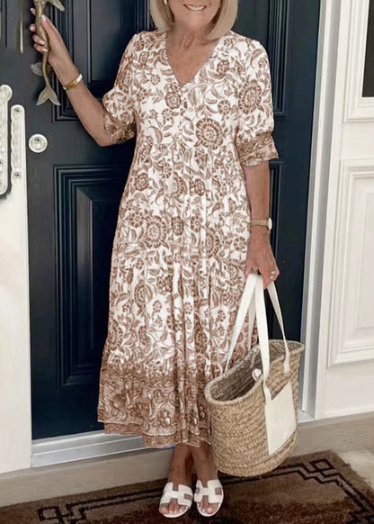 Loose Pink V Neck Print Cotton Long Dress Summer