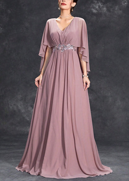 Loose Pink V Neck Sequins Chiffon Maxi Dresses Half Sleeve