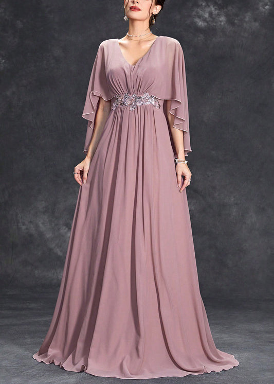 Loose Pink V Neck Sequins Chiffon Maxi Dresses Half Sleeve