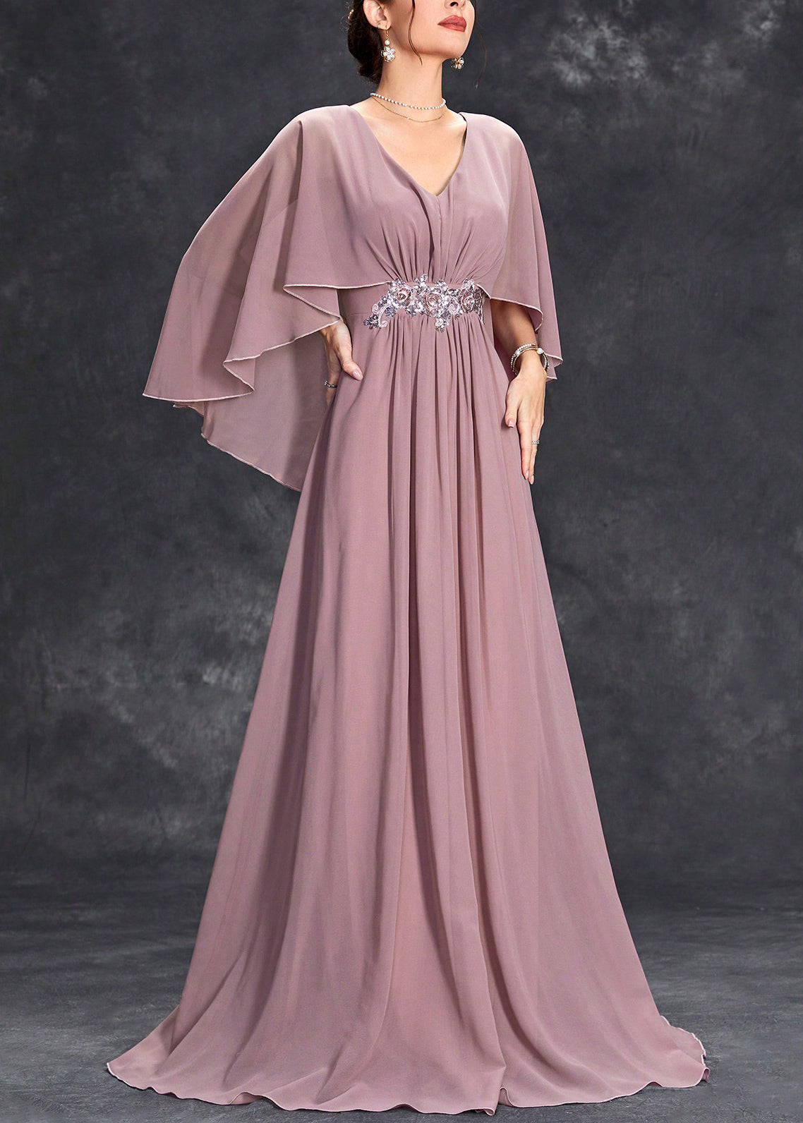 Loose Pink V Neck Sequins Chiffon Maxi Dresses Half Sleeve