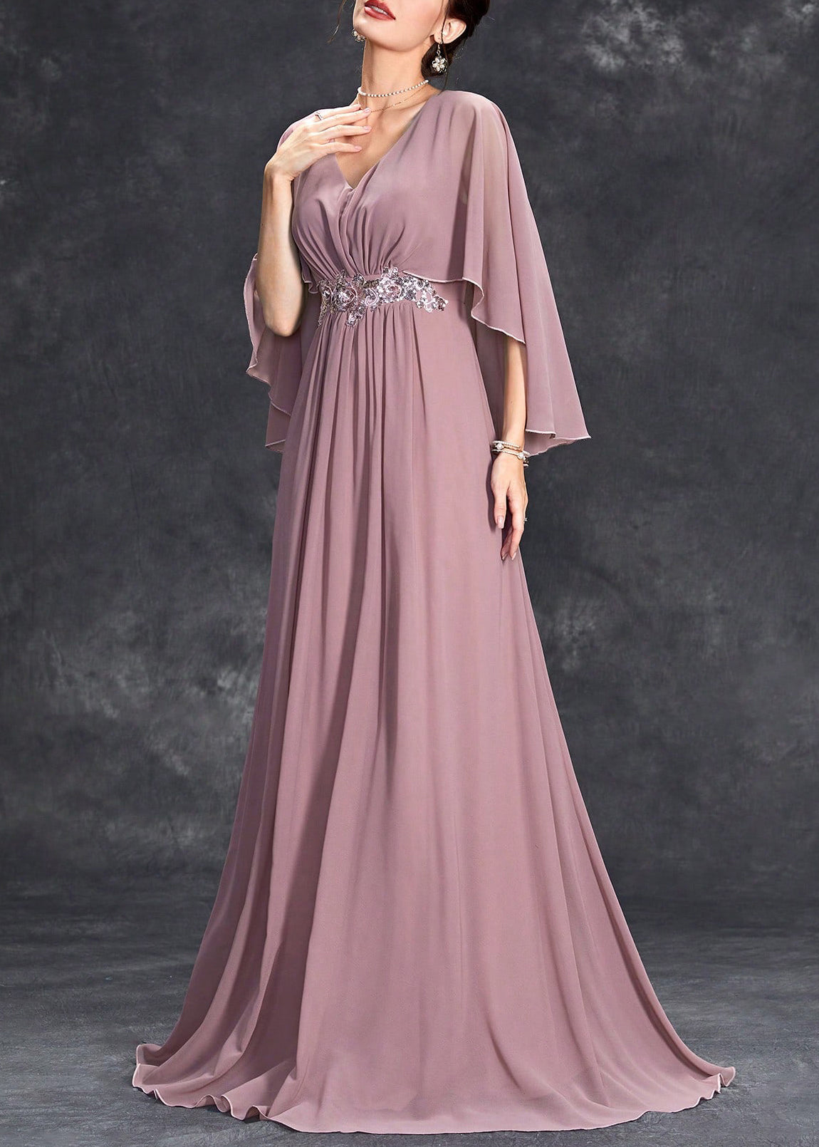 Loose Pink V Neck Sequins Chiffon Maxi Dresses Half Sleeve
