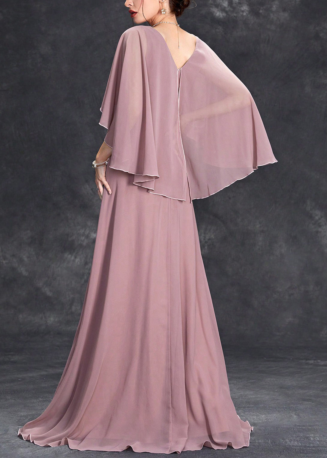 Loose Pink V Neck Sequins Chiffon Maxi Dresses Half Sleeve