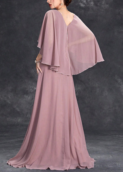 Loose Pink V Neck Sequins Chiffon Maxi Dresses Half Sleeve