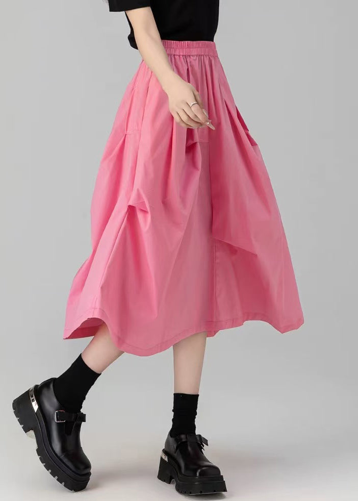 Loose Pink Wrinkled Pockets Solid Cotton Skirt Summer
