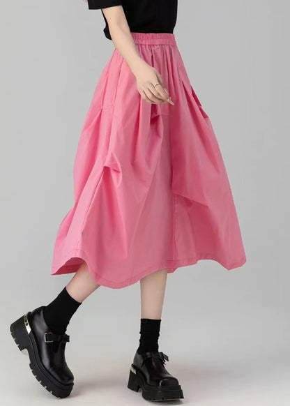 Loose Pink Wrinkled Pockets Solid Cotton Skirt Summer