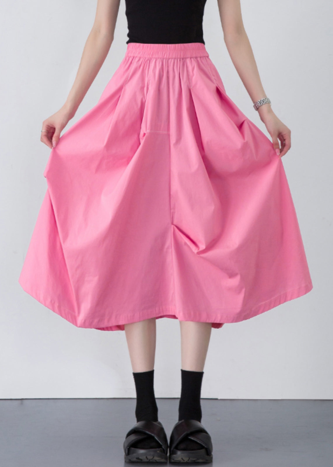 Loose Pink Wrinkled Pockets Solid Cotton Skirt Summer
