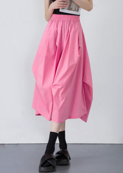 Loose Pink Wrinkled Pockets Solid Cotton Skirt Summer