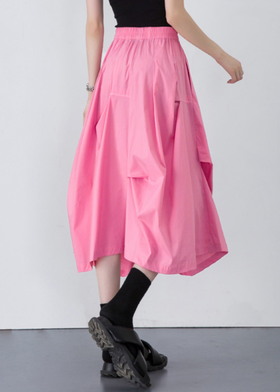 Loose Pink Wrinkled Pockets Solid Cotton Skirt Summer