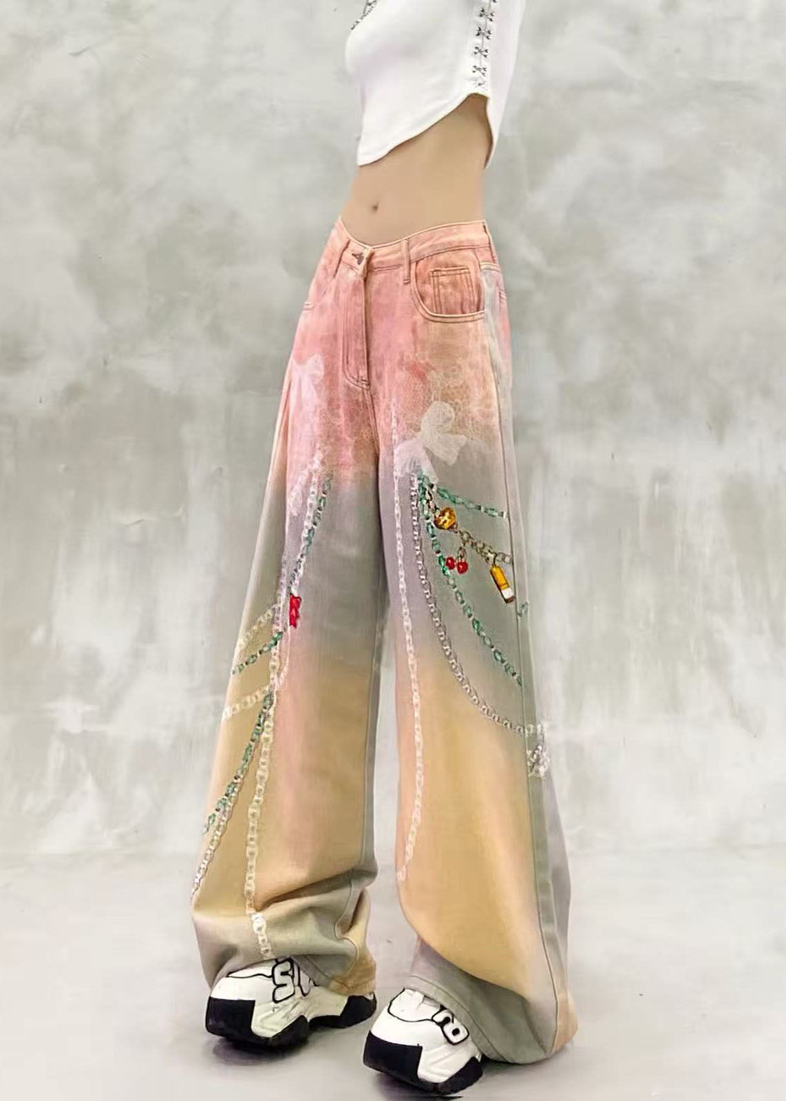 Loose Pink Yellow High Waist Print Denim Wide Leg Pants Fall