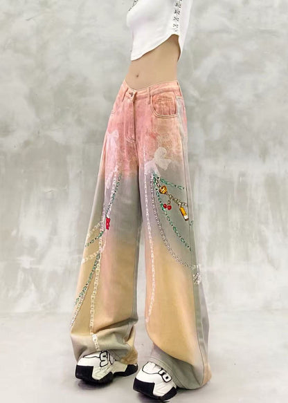Loose Pink Yellow High Waist Print Denim Wide Leg Pants Fall