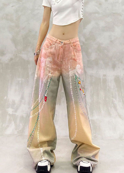 Loose Pink Yellow High Waist Print Denim Wide Leg Pants Fall