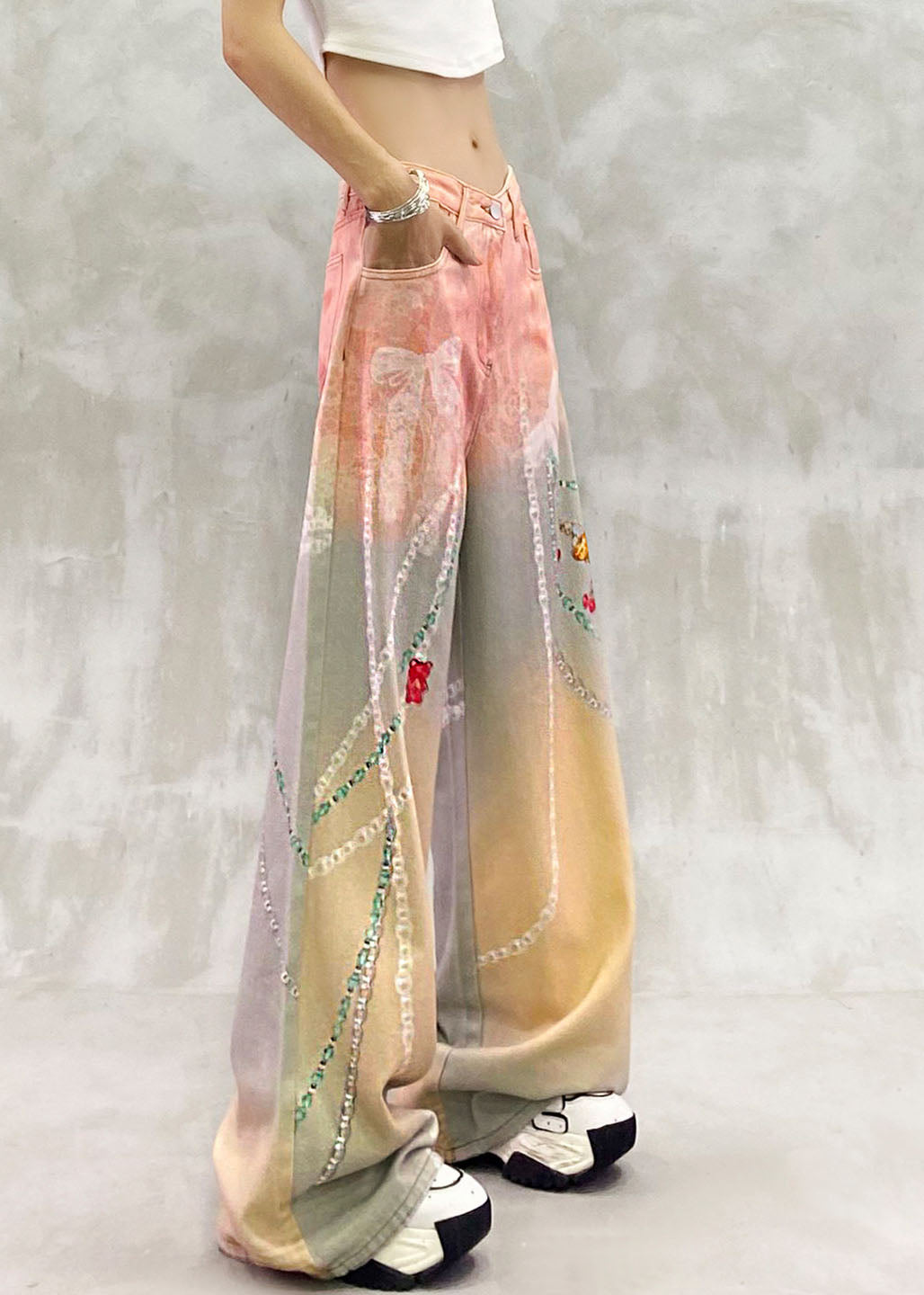 Loose Pink Yellow High Waist Print Denim Wide Leg Pants Fall