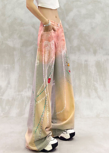 Loose Pink Yellow High Waist Print Denim Wide Leg Pants Fall