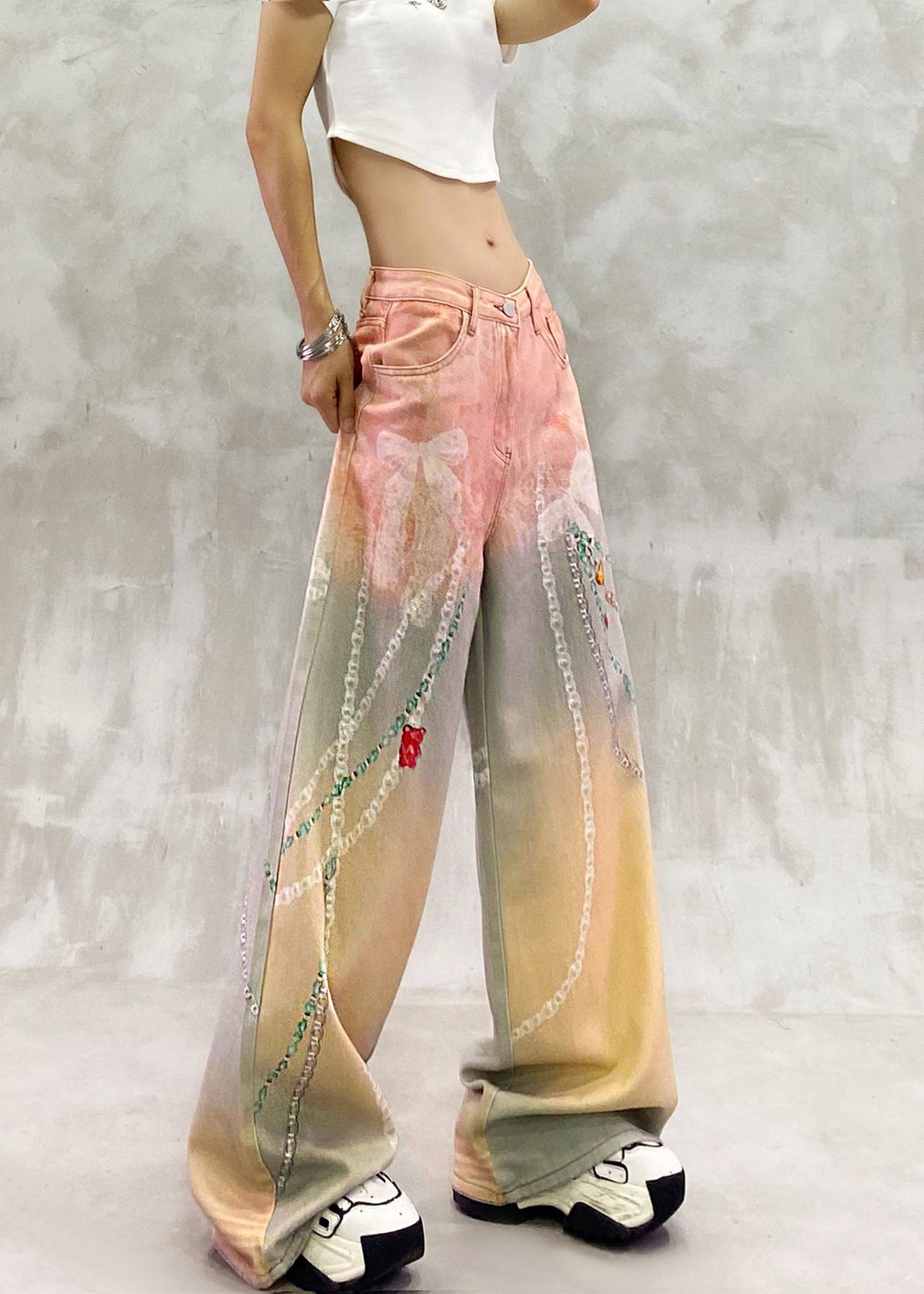 Loose Pink Yellow High Waist Print Denim Wide Leg Pants Fall