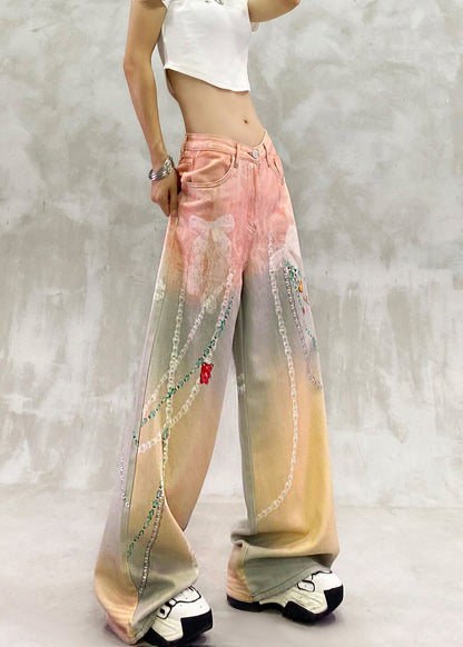 Loose Pink Yellow High Waist Print Denim Wide Leg Pants Fall