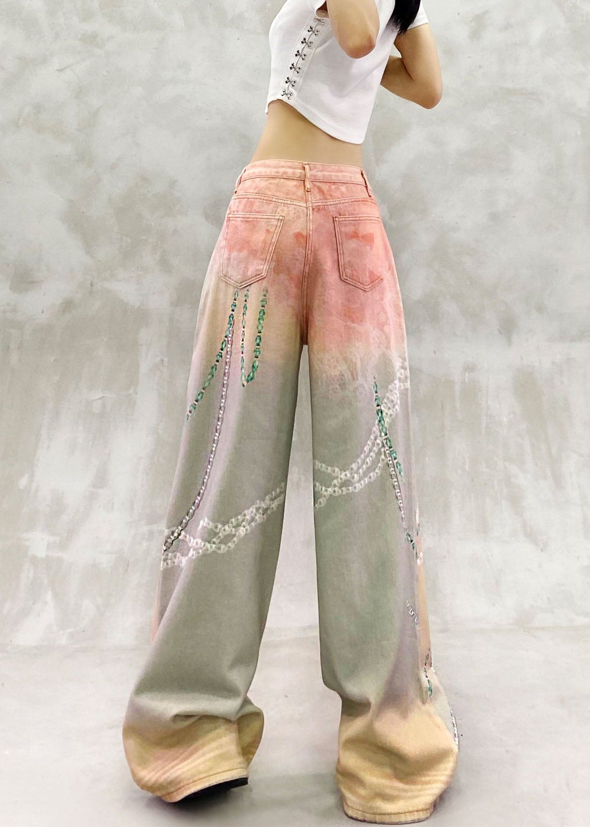 Loose Pink Yellow High Waist Print Denim Wide Leg Pants Fall