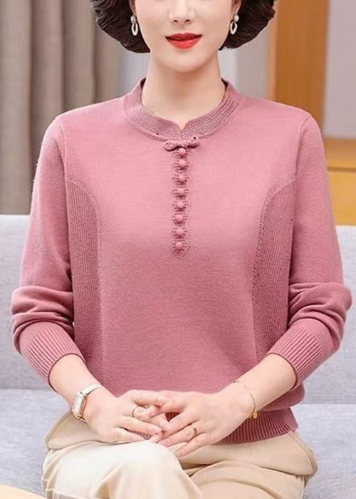 Loose Pink Zircon Chinese Button Knit Sweaters Winter