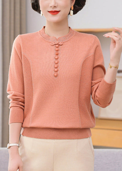 Loose Pink Zircon Chinese Button Knit Sweaters Winter