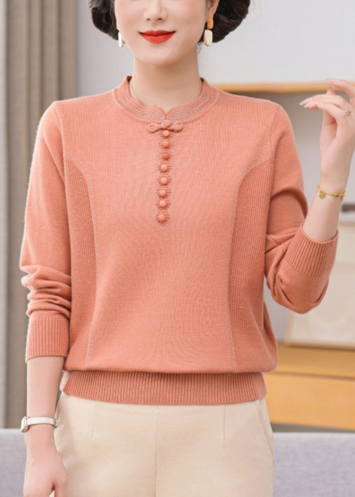Loose Pink Zircon Chinese Button Knit Sweaters Winter